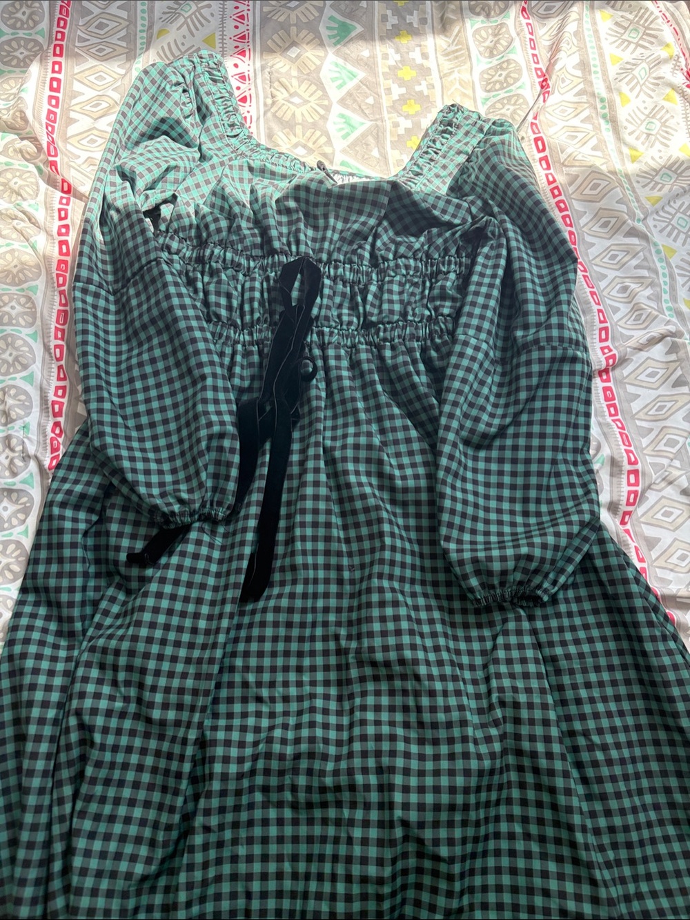 Girls' Green Gingham Smocked Dress with Velvet Tie